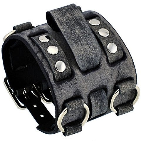 Groovy Black Watch with Double X Distressed Charcoal Leather Wide Cuff VDXB097L