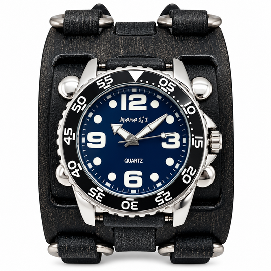 Groovy Blue Watch with Double X Distressed Charcoal Leather Wide Cuff VDXB097L