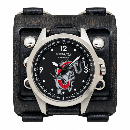 Dragon Sapphire Crystal Black Watch with Double Ring Distressed Black Leather Triple Strap Cuff FWB250D