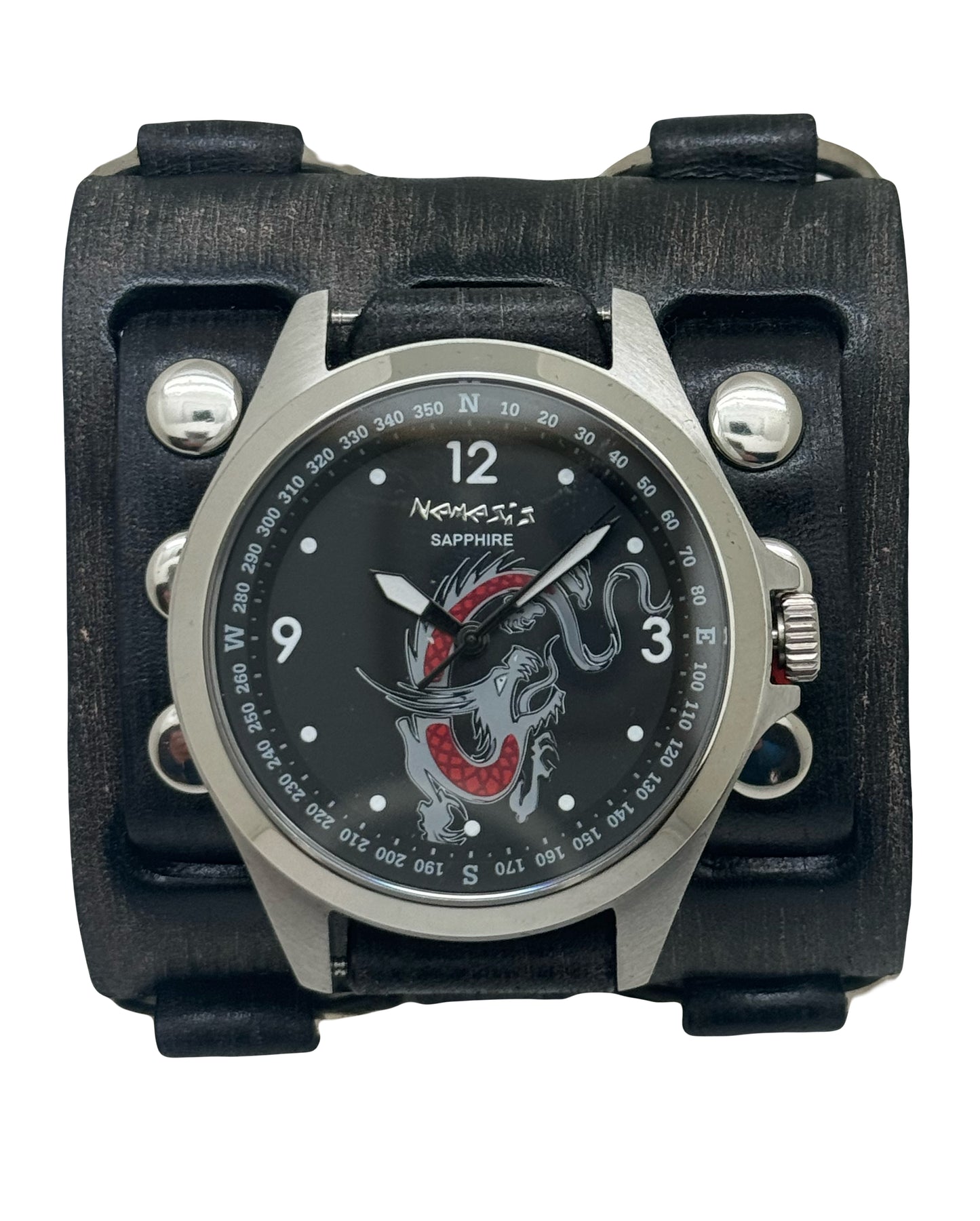 Dragon Sapphire Crystal Black Watch with Double Ring Distressed Black Leather Triple Strap Cuff FWB250D