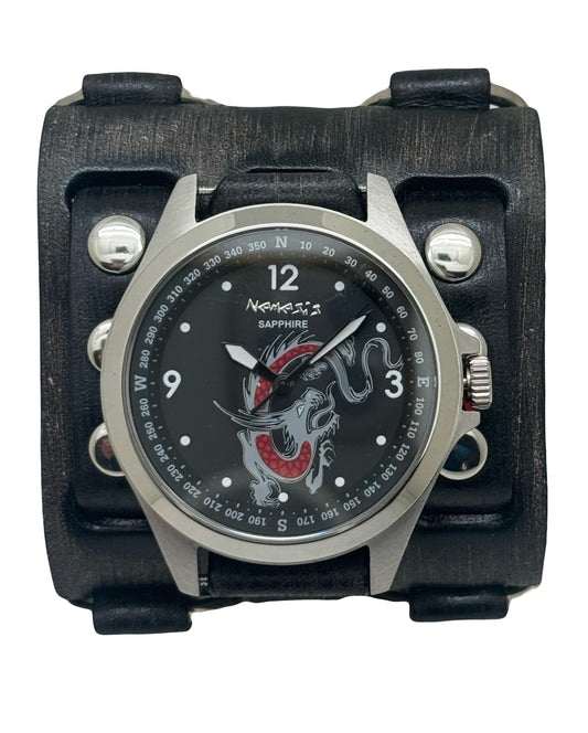 Dragon Sapphire Crystal Black Watch with Double Ring Distressed Black Leather Triple Strap Cuff FWB250D