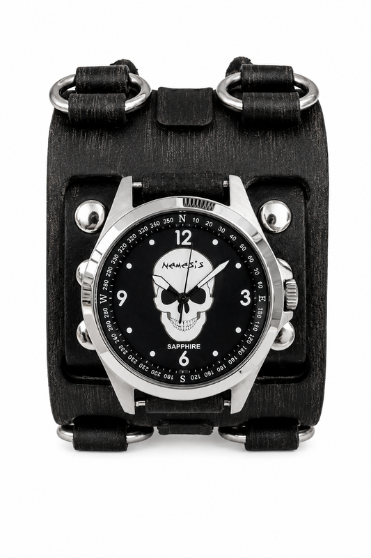 Skull Sapphire Crystal Black Watch with Perforated Black Leather Cuff
