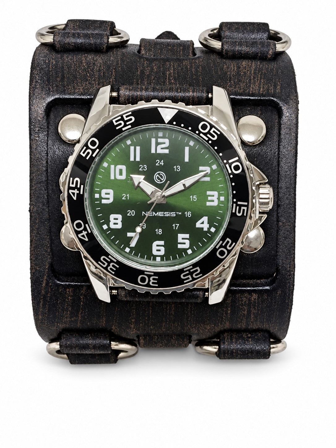 Hybrid Diver Green/White Watch with Double X Distressed Black Leather Wide band FWB257G