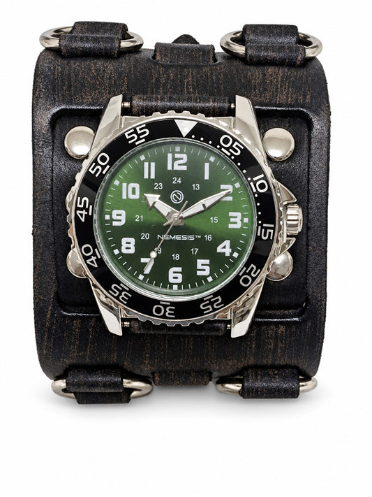 Hybrid Diver Green/White Watch with Double X Distressed Black Leather Wide band FWB257G