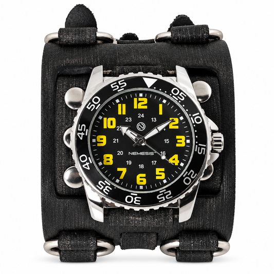 Hybrid Diver Black/Yellow Watch Bullet with Ring Distressed Charcoal Leather Triple Strap Cuff
