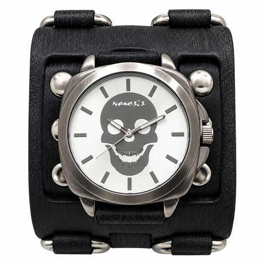 Skull Silver Watch with Ring Distressed Black Leather Triple Strap Cuff