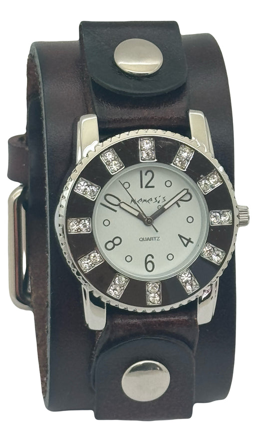 Crystal Showgirls White Ladies Watch with Diamond Stitched Dark Brown Leather Cuff BGb311S