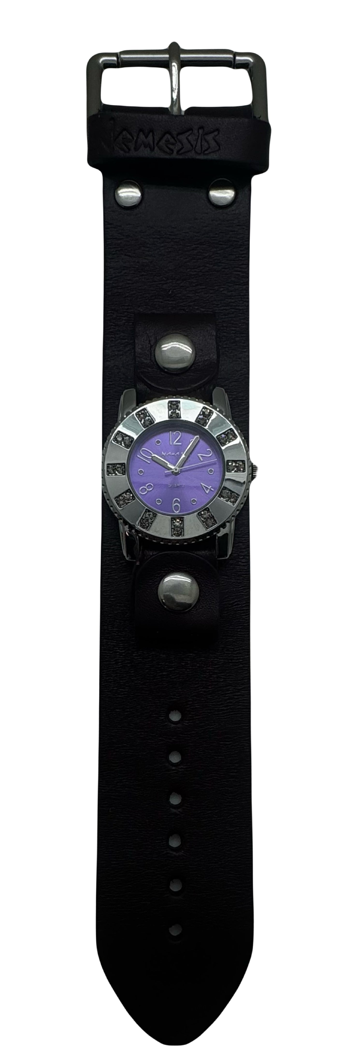 Crystal Showgirls Purple Ladies Watch with Diamond Stitched Dark purple Leather Cuff PGB311P