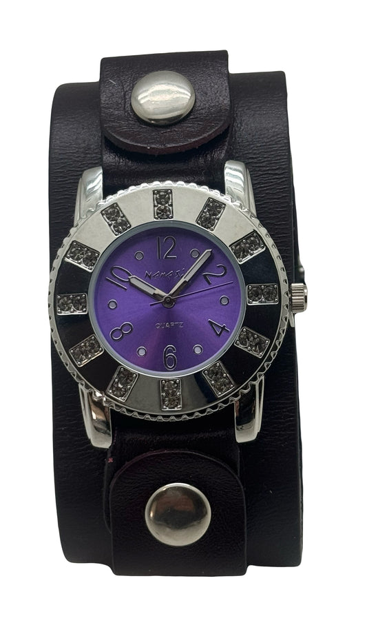 Crystal Showgirls Purple Ladies Watch with Diamond Stitched Dark purple Leather Cuff PGB311P