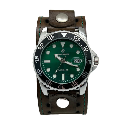 Moonwalker Luminous Green Diver with Stitched Dark Brown Leather Cuff