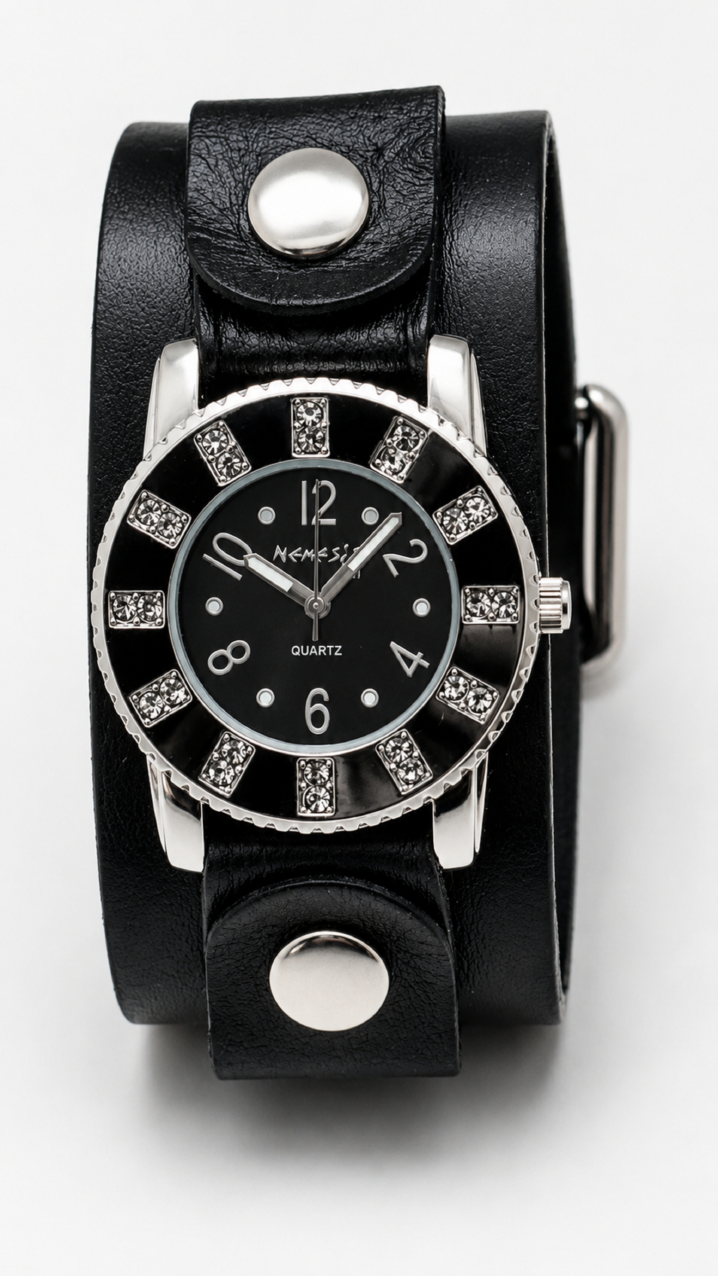 Crystal Showgirls White Ladies Watch with Black leather cuff Gb311K