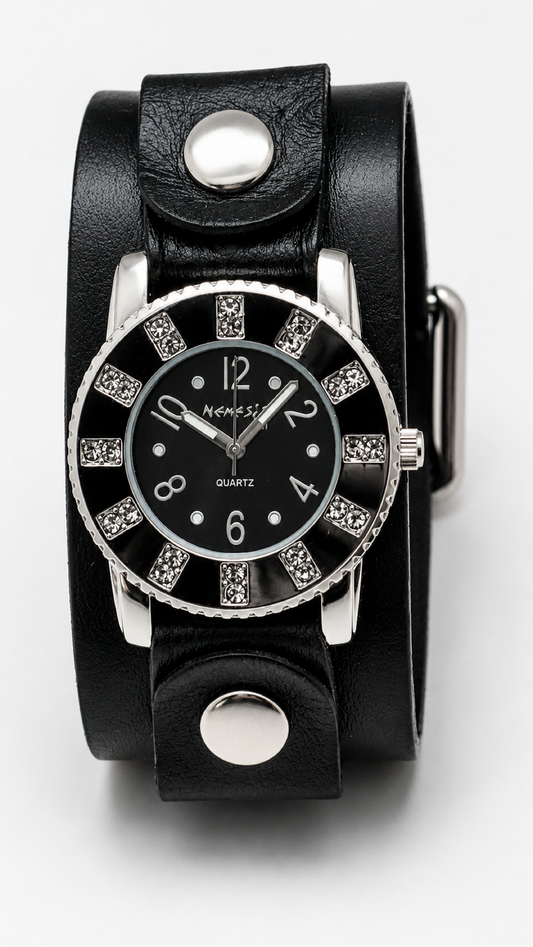 Crystal Showgirls White Ladies Watch with Black leather cuff Gb311K