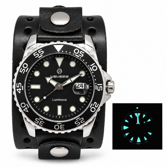 Moonwalker Luminous Black Diver with Perforated Black Leather Cuff