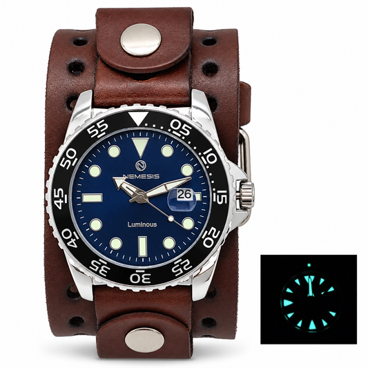 Moonwalker Luminous Blue Diver with Perforated Brown Leather Cuff