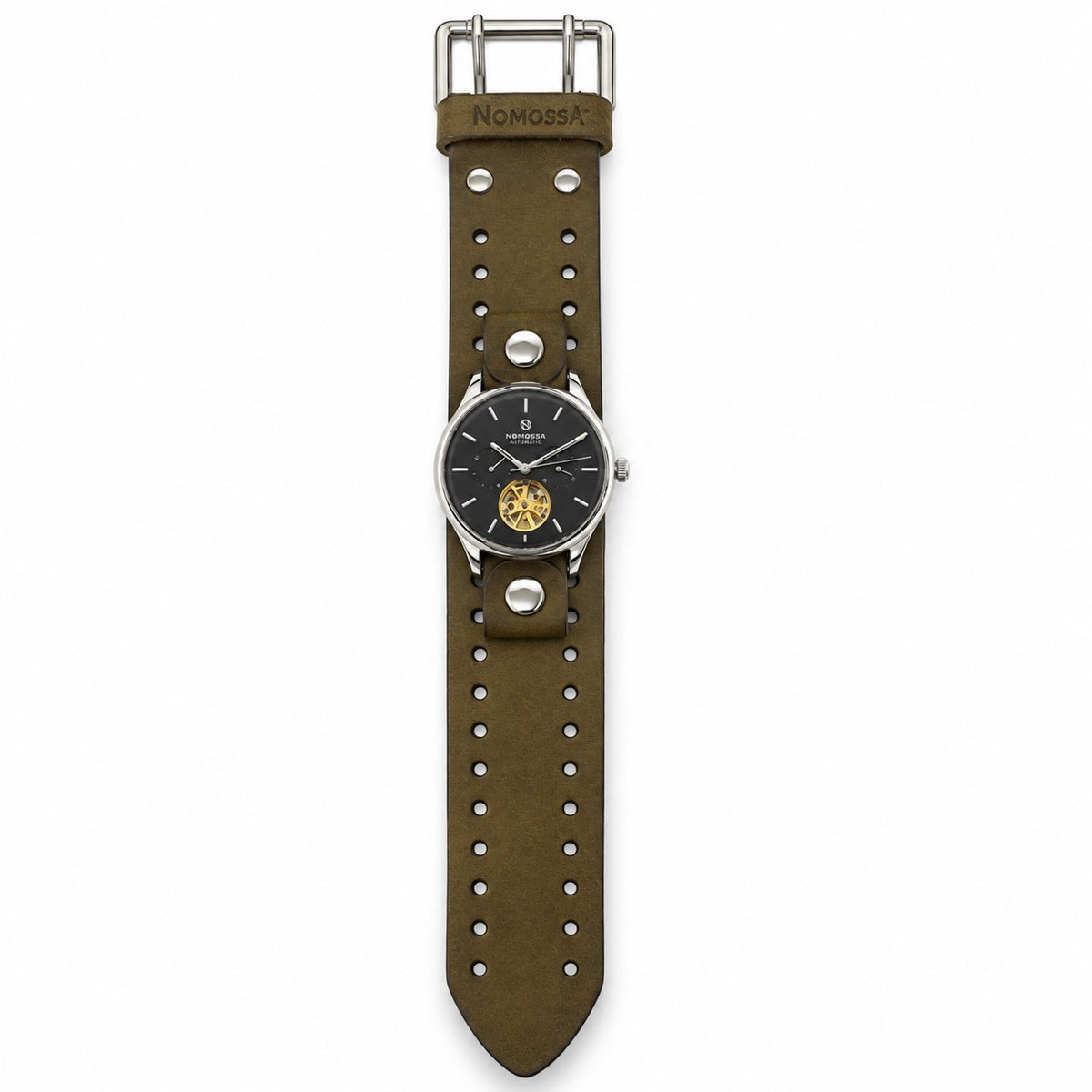 Tourbillon Day/Night self winding Black and Silver Hand Watch with Black Leather Cuff KBN510K