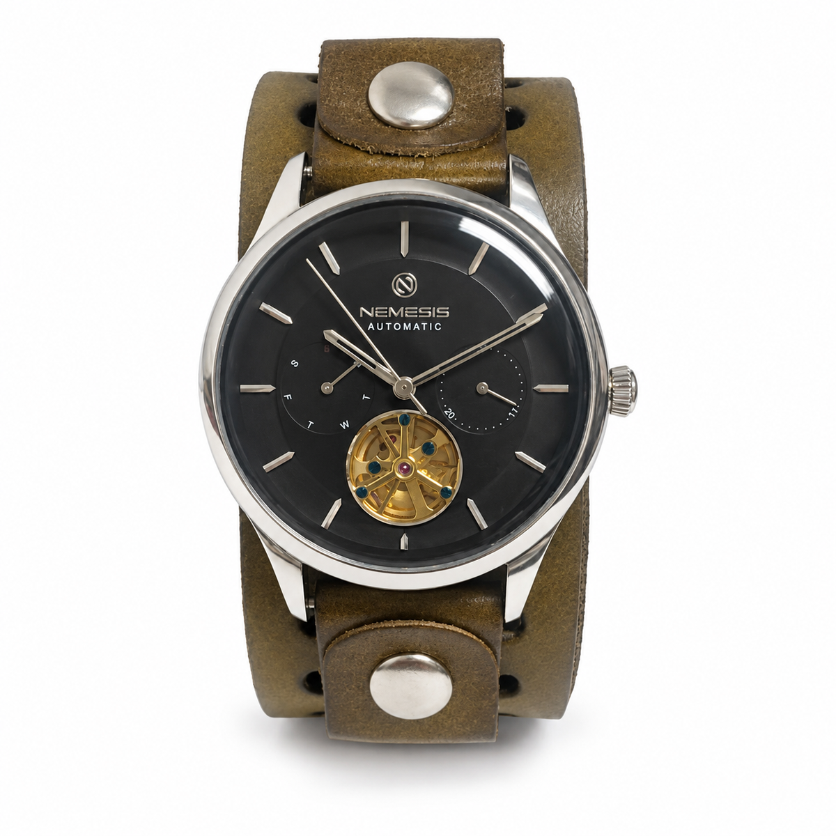 Tourbillon Day/Night self winding Black and Silver Hand Watch with Black Leather Cuff KBN510K