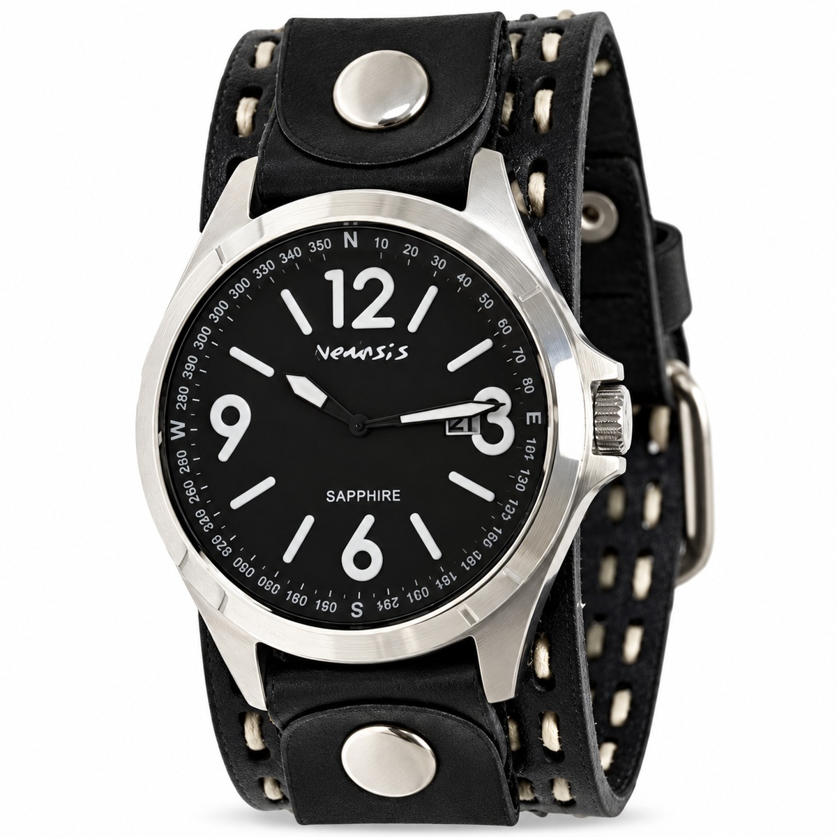 Sapphire Crystal Black Watch with Stitched Black Leather Cuff
