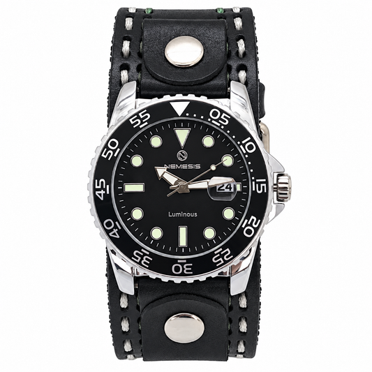 Moonwalker Luminous Black Diver with White Stitched Black Leather Cuff