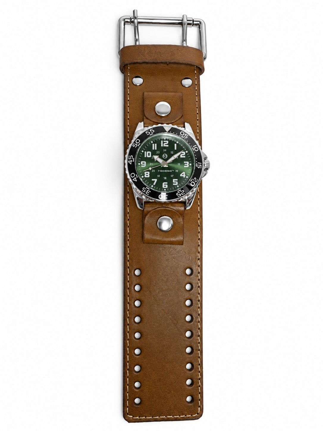 KHL257G Nemesis Green / White diver watch with  Khaki Leather Cuff Watch Band