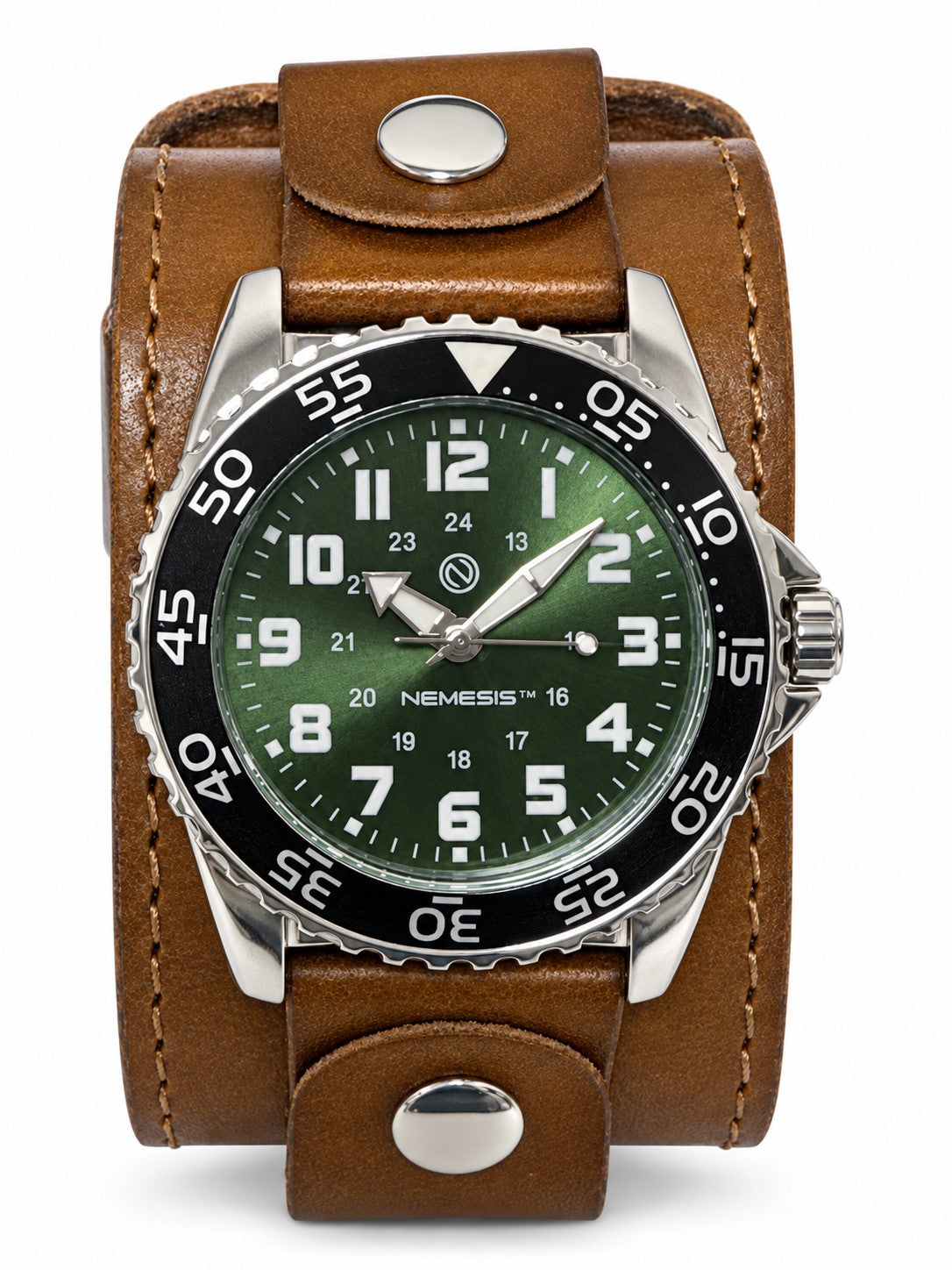 KHL257G Nemesis Green / White diver watch with  Khaki Leather Cuff Watch Band