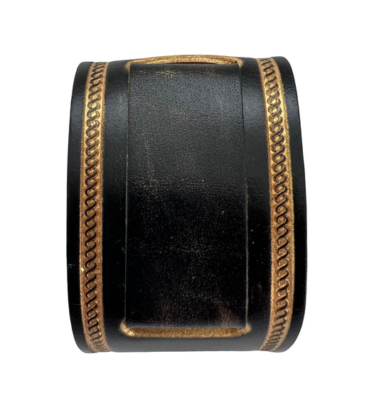 KUIN Double Stitched Embossed Distressed Brown Leather Wide Cuff