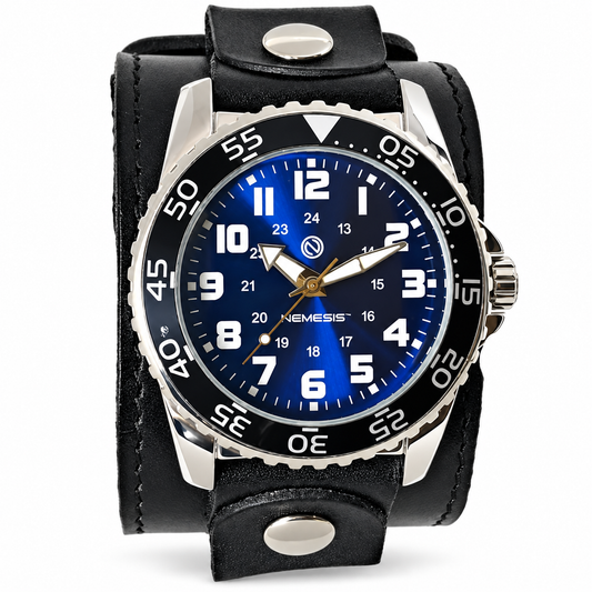 Hybrid Diver Blue/White Watch with Stitched Black Leather Wide Cuff
