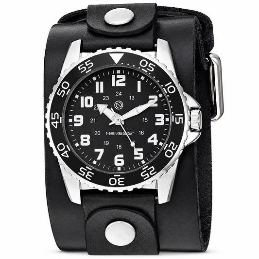 Hybrid Diver Black/White Watch with Black Leather Wide Cuff LBNB257K