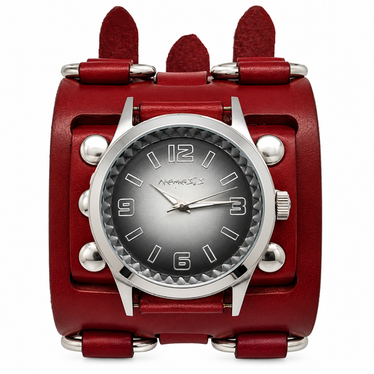 Gradient Pointium Grey Watch with Ring Bullet Red Leather Triple Strap Cuff