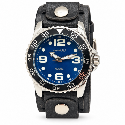 Groovy Black Watch with Double X Distressed Charcoal Leather Wide Cuff VDSB097L