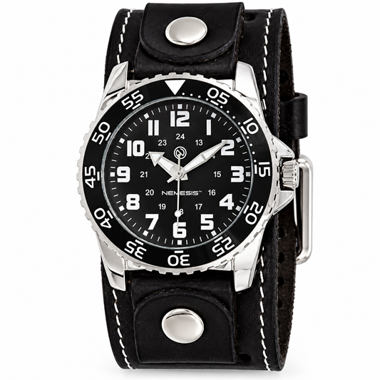 Hybrid Diver Black/White Watch White with Stitched Black Leather Wide Cuff  STH257K