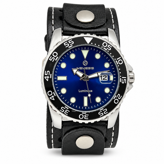 Moonwalker Luminous Blue Diver with Stitched Black Leather Cuff