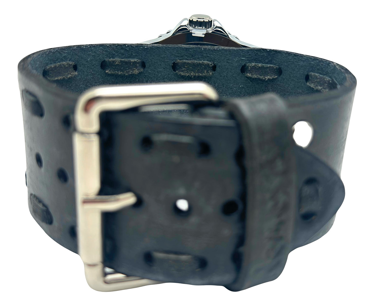 Groovy Black Watch with Double X Distressed Charcoal Leather Wide Cuff VDSB097L