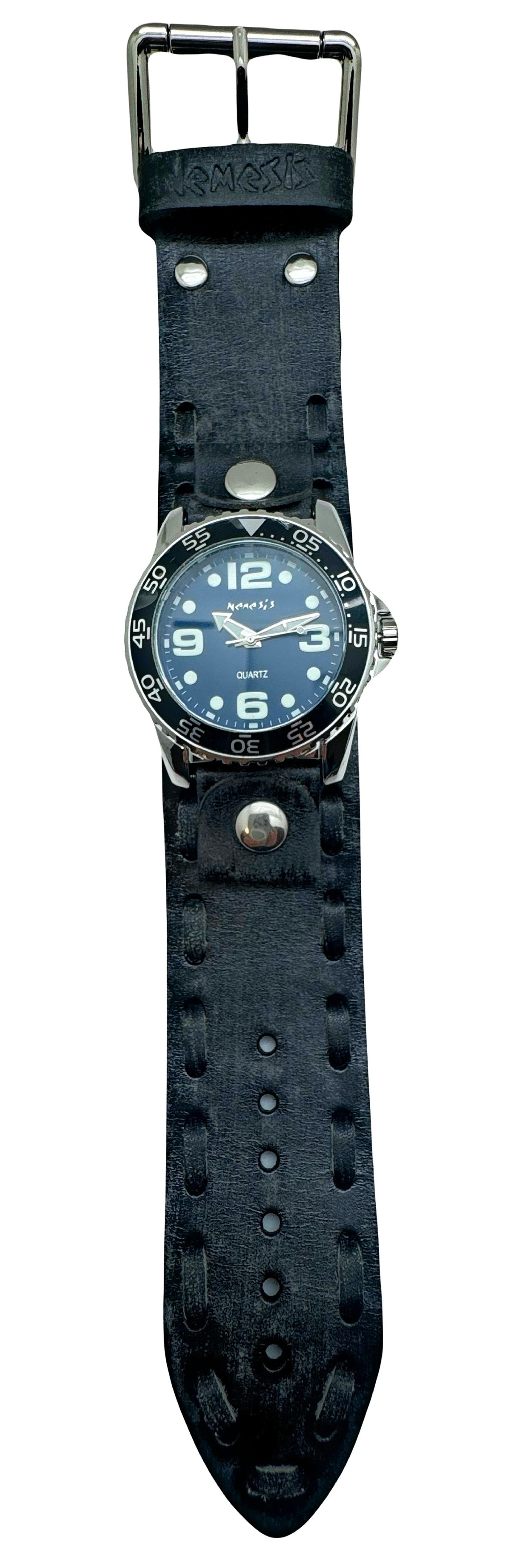 Groovy Black Watch with Double X Distressed Charcoal Leather Wide Cuff VDSB097L