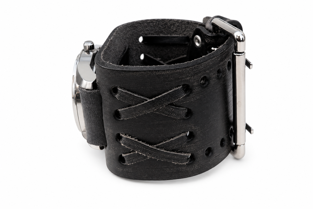 Carbon Fiber Silver Watch with Perforated Black Leather Cuff VDX051S