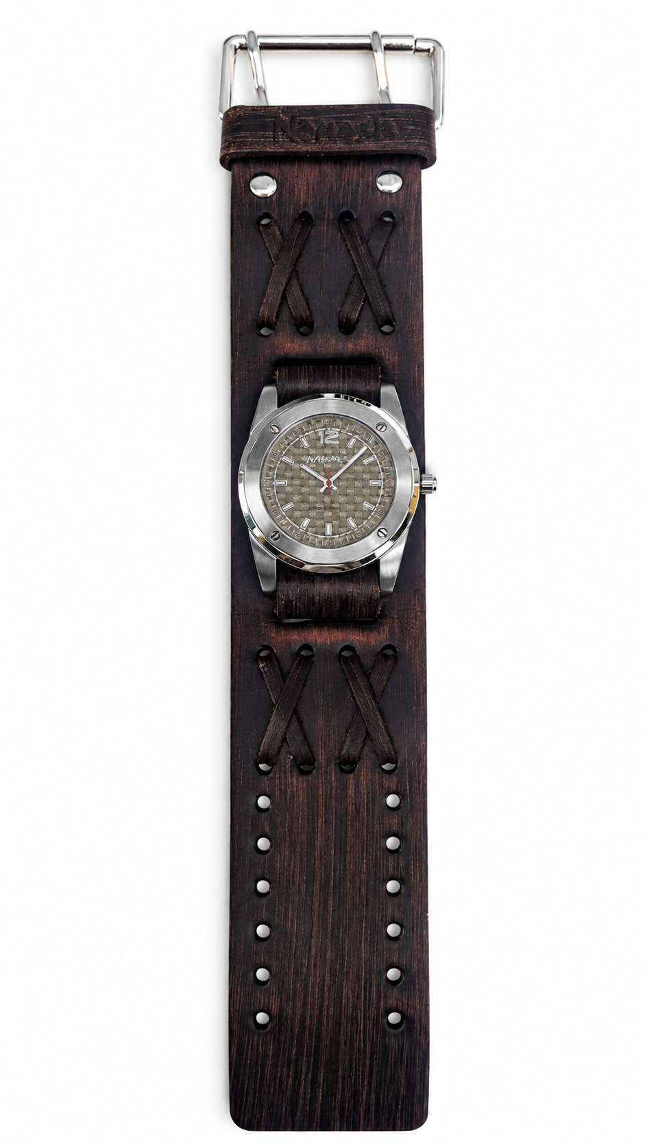 Bvdx051Y Carbon Fiber Watch with Perforated Vintage double X Brown Leather Cuff