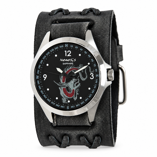 Dragon Sapphire Crystal Black Watch with Double X Distressed Black Leather Wide Cuff DXB250D
