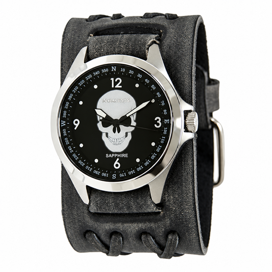 Skull Sapphire Crystal Black Watch with Double X Distressed Black Leather Cuff