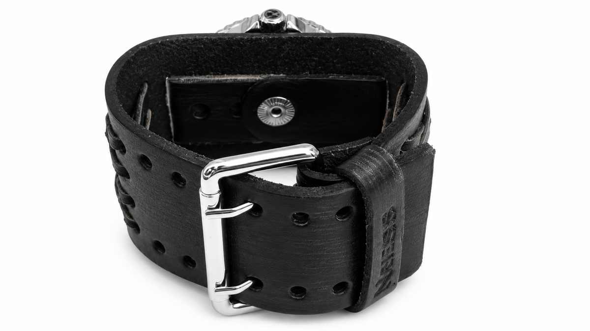 Moonwalker Luminous Blue Diver with Vintage black double X Leather Cuff
