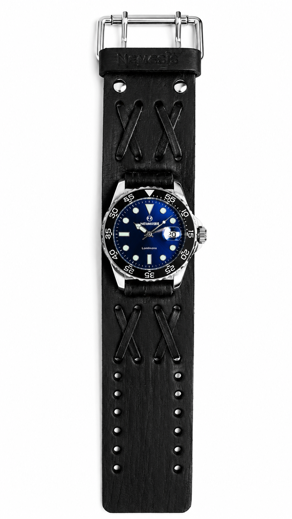 Moonwalker Luminous Blue Diver with Vintage black double X Leather Cuff