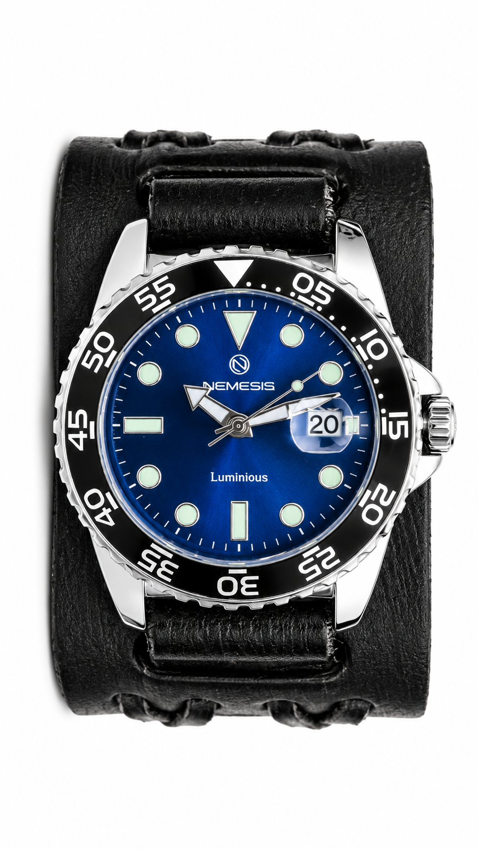 Moonwalker Luminous Blue Diver with Vintage black double X Leather Cuff