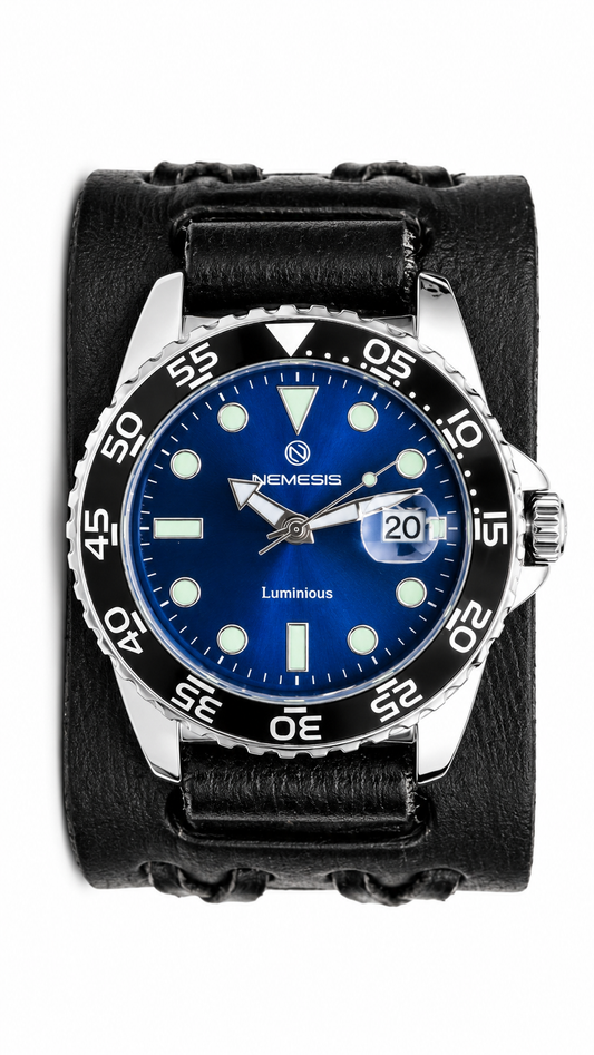 Moonwalker Luminous Blue Diver with Vintage black double X Leather Cuff