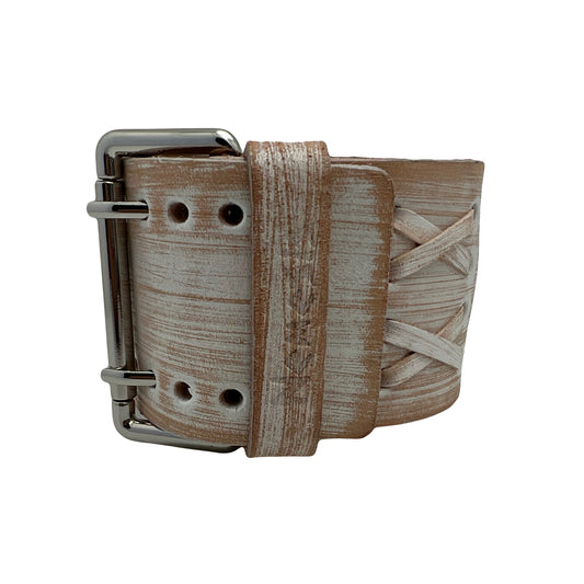 Double X Distressed white Leather Wide Cuff VDXW