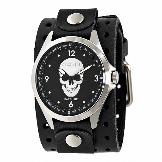 Skull Black Sapphire Watch with Perforated Black Leather Cuff