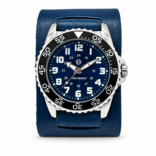 Hybrid Diver Blue/White Watch with Distressed Blue Leather Wide Cuff