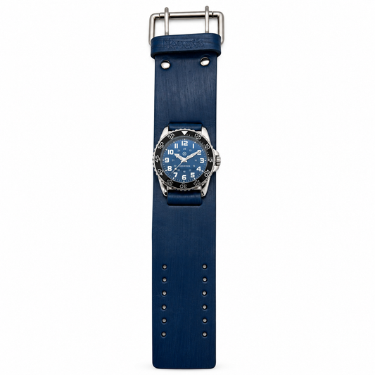 Hybrid Diver Blue/White Watch with Distressed Blue Leather Wide Cuff