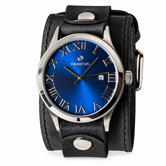 Roman DX Blue Watch with Stitched Distressed Vintage Leather Wide Cuff 10.5 inches x 1.75 inches wide  VLBB529L