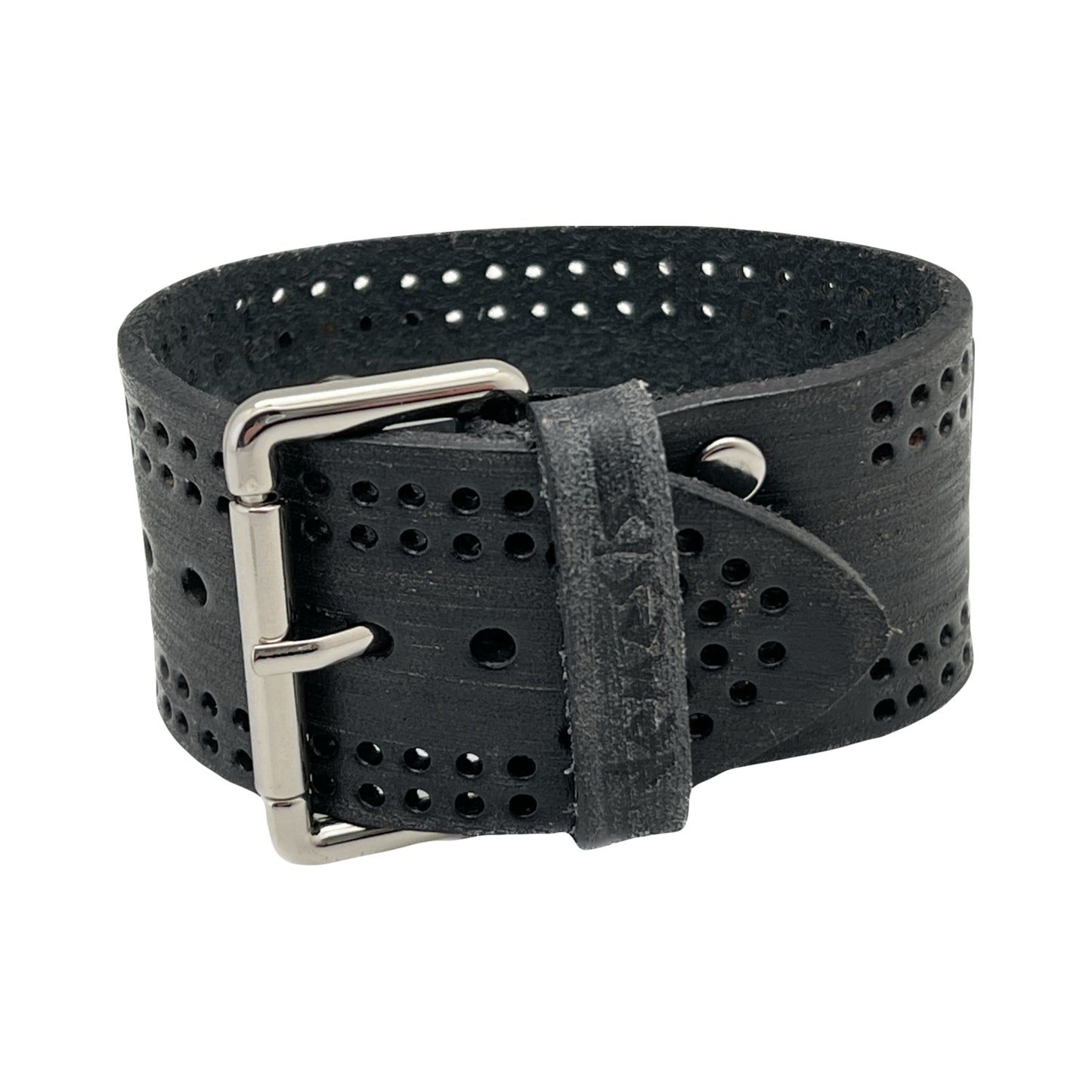 Double Perforated Black Leather Cuff