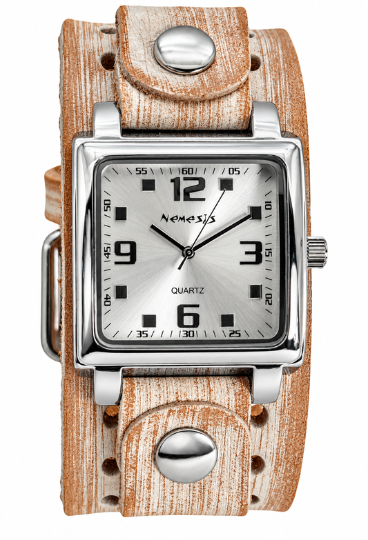 Lite SQ Silver Watch with Vintage white Leather Cuff