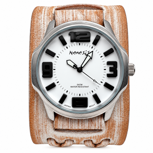 WVDX107W Embossed 3D  Watch with Vintage white double x Leather Cuff band 10.5 inches long x 1.75 inches wide .