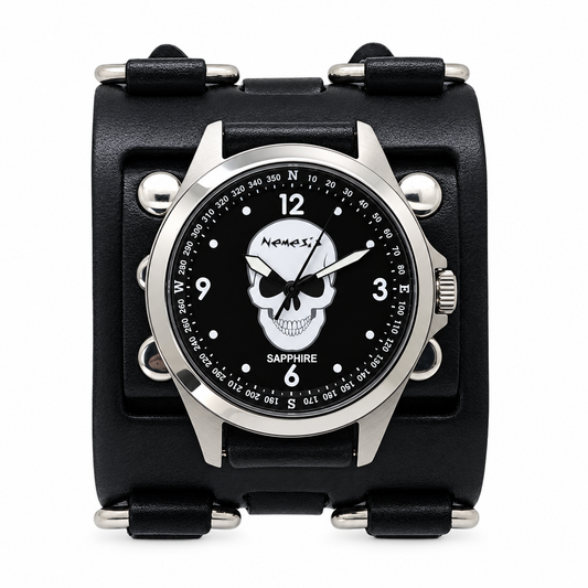 Skull Sapphire Crystal Black Watch with Perforated Black Leather Cuff